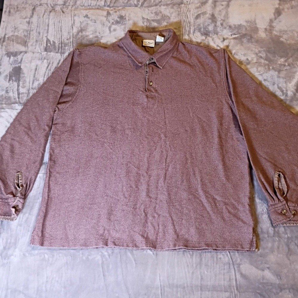 LL Bean Mens XL Herringbone Long Sleeve Polo Shirt Burgundy Tan Cotton 0KG16